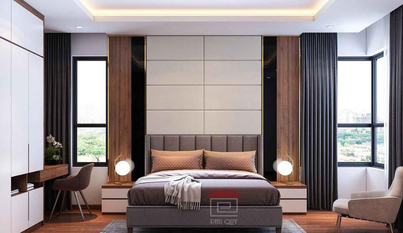 Nội thất phòng ngủ phong cách hiện đại với tông màu nâu, xám chủ đạo