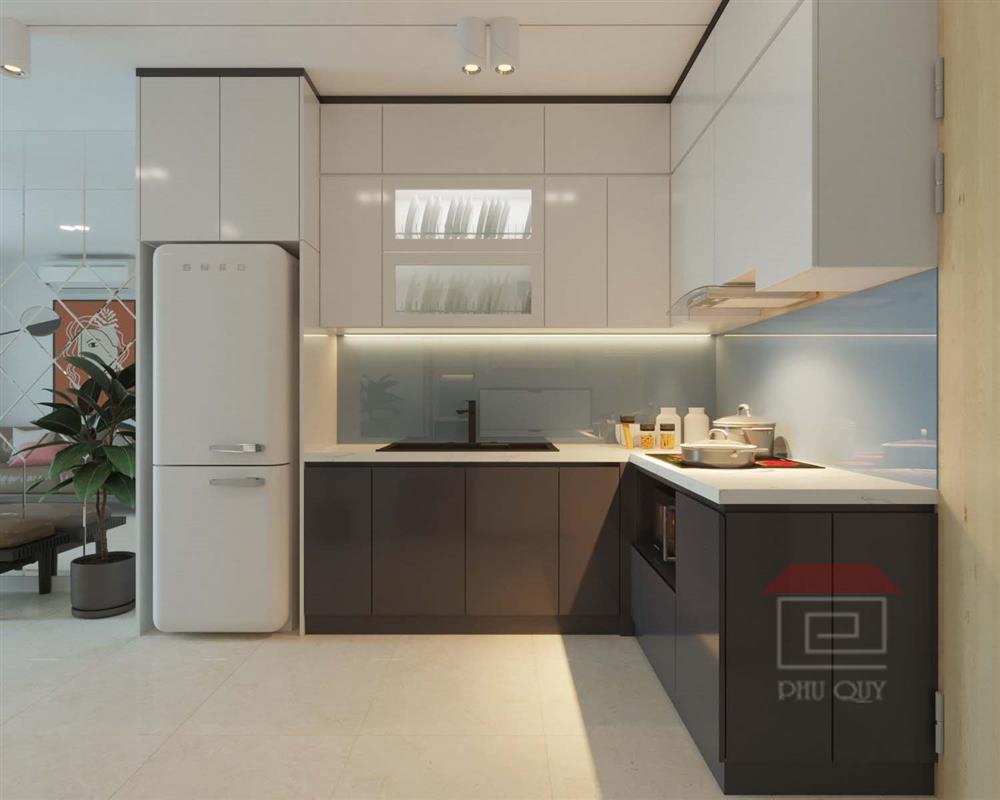 Tủ bếp được thiết kế tối giản với tông màu trắng, xám chủ đạo